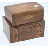 A Victorian Tunbridge inlaid walnut box, width 28cm, together with another similar, width 25cm