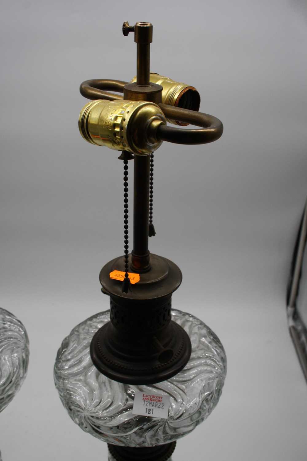 A pair of converted pressed glass oil lamps, each mounted upon a polished hardstone plinth, height - Image 3 of 7