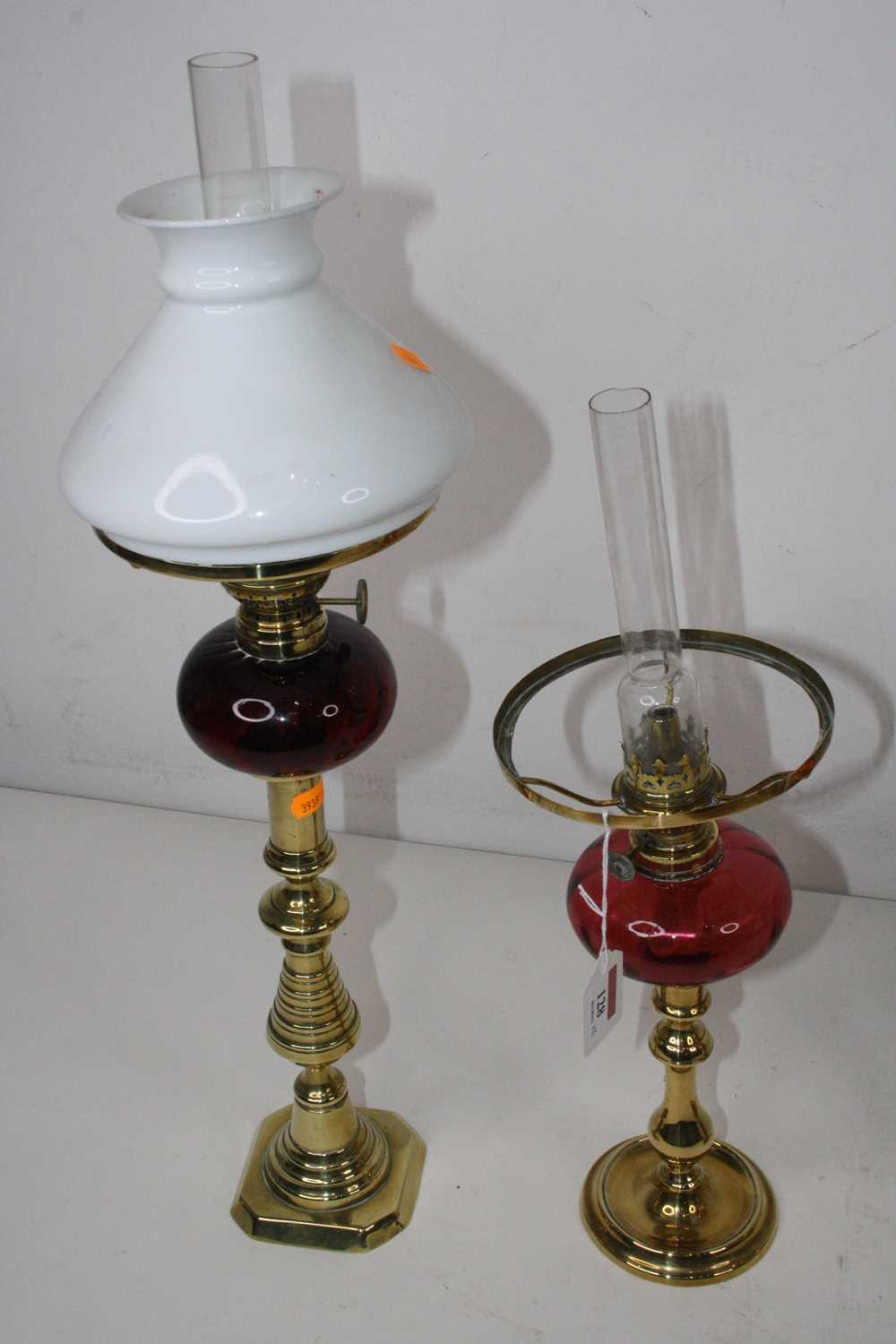 Please not that the porcelain lamp is also missing its shade - A 19th century brass and copper oil - Image 9 of 11