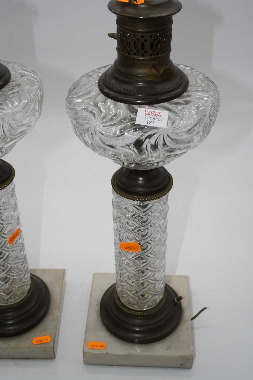 A pair of converted pressed glass oil lamps, each mounted upon a polished hardstone plinth, height - Image 5 of 7