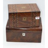 A Victorian Tunbridge inlaid walnut box, width 25cm, together with another Victorian walnut box,