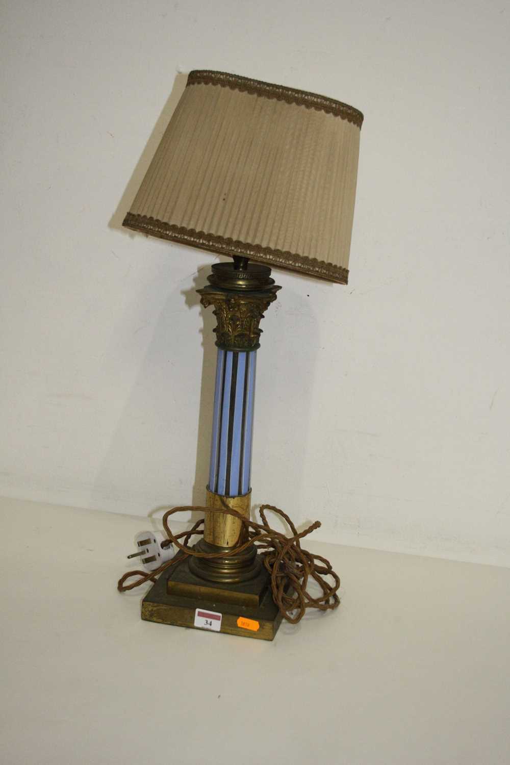 An early 20th century brass and coloured glass table lamp in the form of a Corinthian column mounted - Image 2 of 2