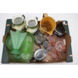 A box of various glassware and ceramics to include a Wade relief moulded jug, 1930s coloured