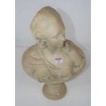A plaster bust of a woman, upon a socle base, height 47cm