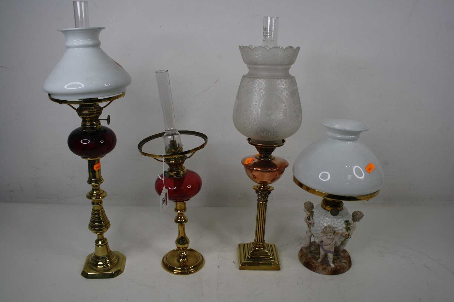 Please not that the porcelain lamp is also missing its shade - A 19th century brass and copper oil - Image 3 of 11