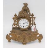 A 19th century French gilt painted metal figural mantel clock, the enamel dial showing Roman