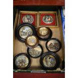 A collection of Prattware pot lids, many being mounted in frames (10)