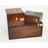 A 19th century mahogany and boxwood strung box, width 38cm, together with a scrumble pine box, and a