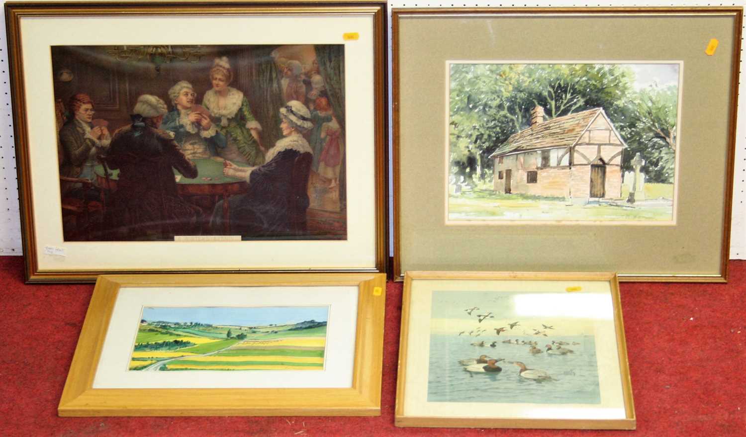 Paul Mann - Priest House, watercolour, framed Pears print, F Slater - French landscape, watercolour,