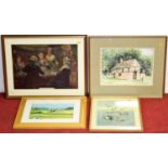 Paul Mann - Priest House, watercolour, framed Pears print, F Slater - French landscape, watercolour,