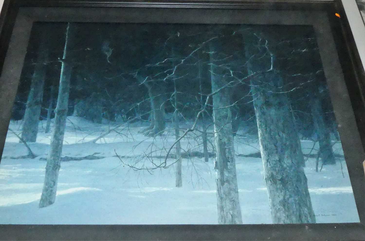 Robert Bateman - Winter woodland scene, oleograph on canvas, 75 x 100cm