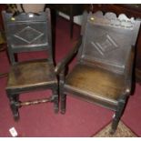 An antique joined oak panel back and seat single dining chair with lozenge decoration, width 43cm