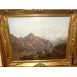 After Alfred de Fontville Breanski - mountain lake scene, oil on board, indistinctly signed lower