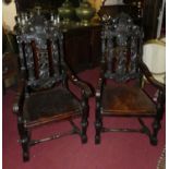 A pair of 17th century style relief carved oak splatback and panelled seat open armchairs, late 19th