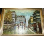 Late 20th century continental school - City street scene, oil on canvas, 60 x 90cm