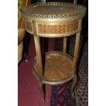 An early 20th century French parquetry and brass mounted single drawer cylindrical two-tier