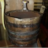 An early 19th century coopered stained walnut cylindrical coal bucket with metal liner, dia. 40cm