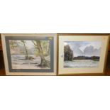 Eric S Hopkins - Reedbed and Fellbrigg Lake, watercolour, signed lower right, 30x40cm, and