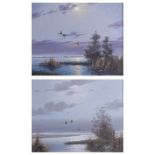 Gien Brouwer (b.1944) - Pair: Ducks in flight over the marshes, oil on canvas, each signed lower