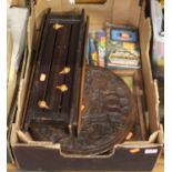 A box of miscellaneous items to include snooker score board, Masters of the Universe He-Man meets