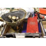 A box of miscellaneous items, to include a pair of Victorian brass table candlesticks, Doulton