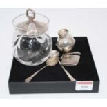 A collection of various silver items to include a pocket vesta, silver lidded dressing table jar and