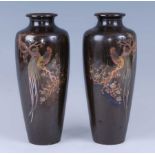 A pair of Japanese bronze vases, Meiji period (1868-1912), each decorated with copper alloy, gold