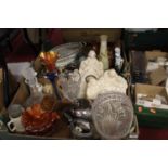 Two boxes of mixed glass, ceramics and metalware, to include Carnival glass