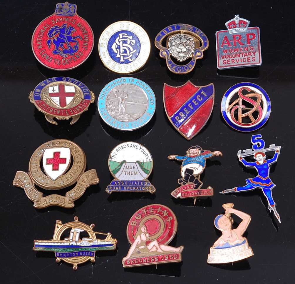 A collection of assorted button hole, lapel and pin badges being military and civilian