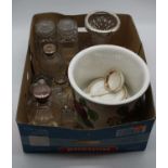 A box of miscellaneous items, to include an Edwardian scent bottle, having a globular clear glass