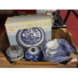 Two boxes of various blue and white ceramics, to include Spode Italian pattern