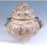 A Japanese Meiji period Satsuma earthenware koro of good size, the lid surmounted by a shisa and