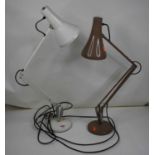 A white painted angle poise type desk lamp, together with one other mushroom grey example (2)