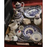 A box of mixed ceramics, to include Churchill Willow Pattern