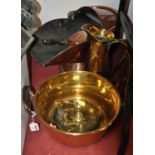 A small collection of metalware, to include a brass twin handled preserve pan, brass jug, copper