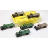 Dinky Toys No. 25C reproduction trade box containing 6 original Flat Bed Trucks, 3 in green, 3 in