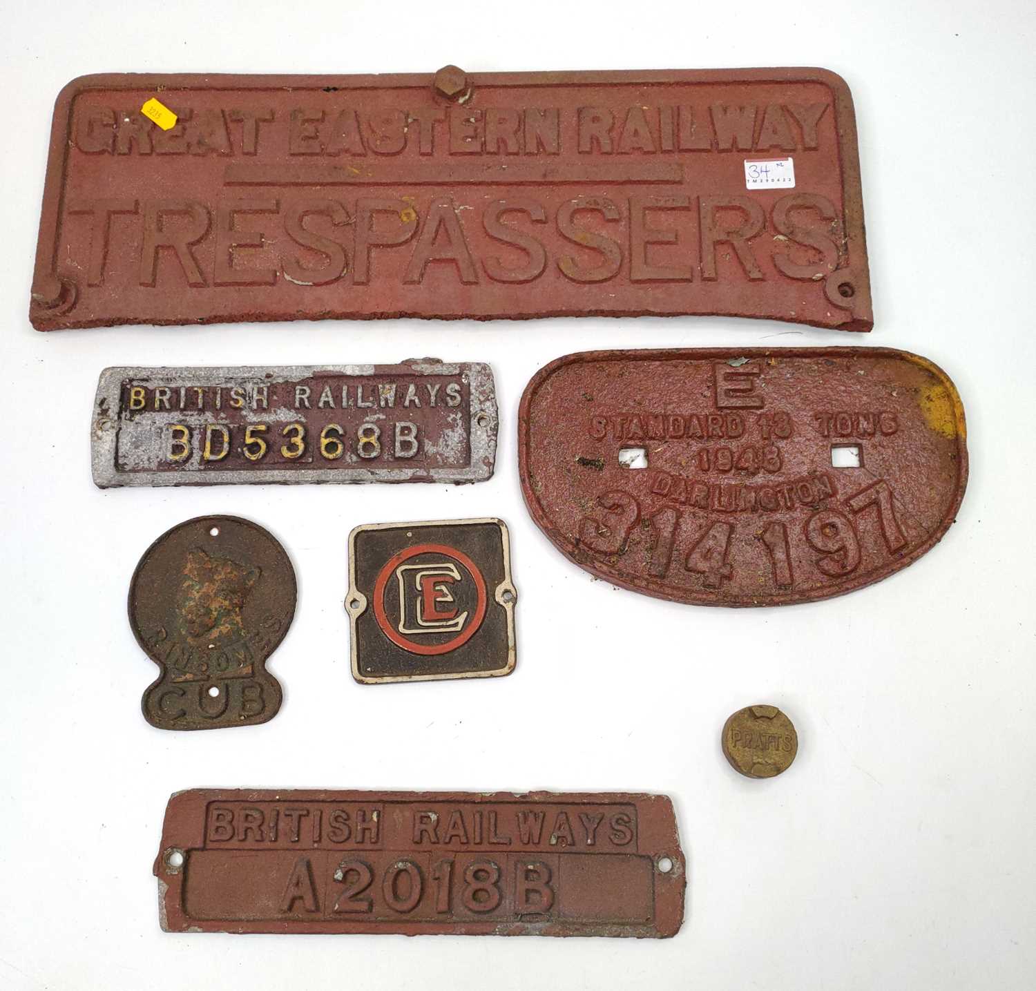 Collection of various cast iron and alloy Railway signs, including British Railways BD5368B Wagon