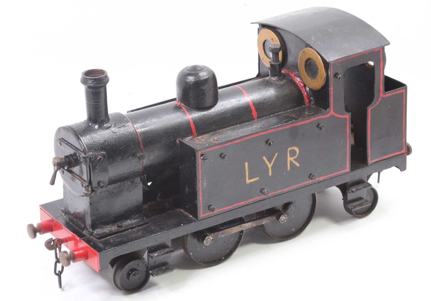 3.5 inch gauge live steam model of LYR 2-4-2 locomotive, finished in black and red with LYR to