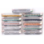 Eleven Fleischmann DB H0 coaches: One each silver 5120/5121/5122 & 5899; one each blue & cream