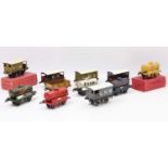 Eleven assorted Hornby 4-wheel wagons: SR goods brake, large white SR; SR Cattle, brown with small