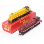 Two Triang R155 Switcher Bo-Bo diesel locos: 5007 maroon (E) and 7005 yellow with dazzle stripes,