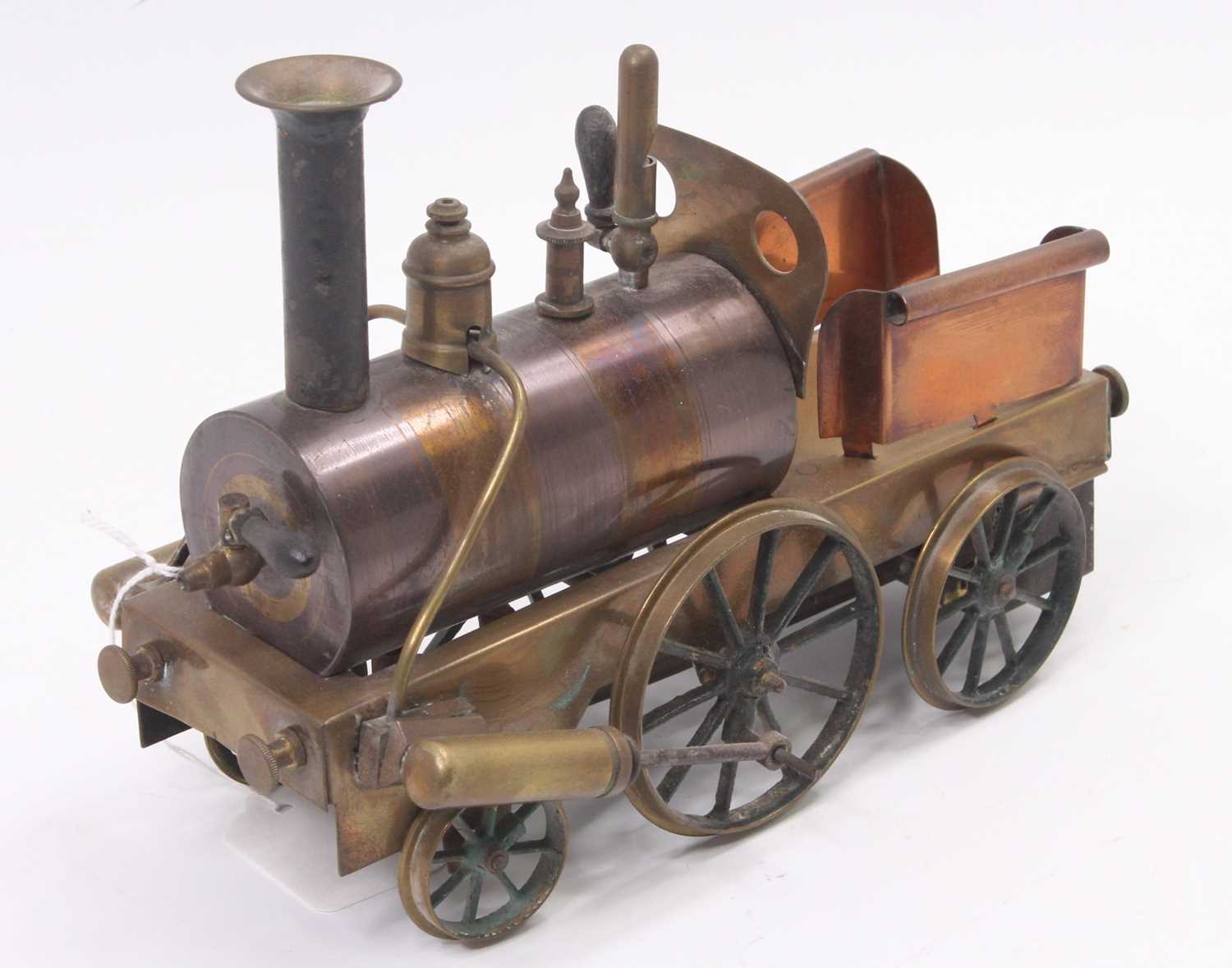 Early 20th-century brass and copper spirit fired 2-2-2 dribbler locomotive by Schoenner, excellent