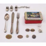Collection of mixed railway related items to include LNER Cutlery, various railway whistles, badges,