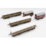 Three Hornby 1937-41 NE bogie corridor coaches, two 1st/3rd & one br/3rd all sides show wear,