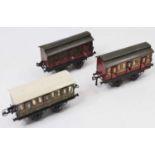 Three Hornby 4-wheel No.1 coaches, long thin bases, non-constructional: LMS clerestory roof, gold