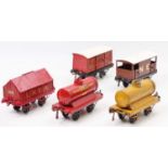 Five early Hornby wagons, all open axle guard: Crawford’s Biscuit van probably 1924-5 but white roof