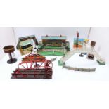 Large tray containing Hornby post-war station & signal cabin, two French signals, 3 assorted