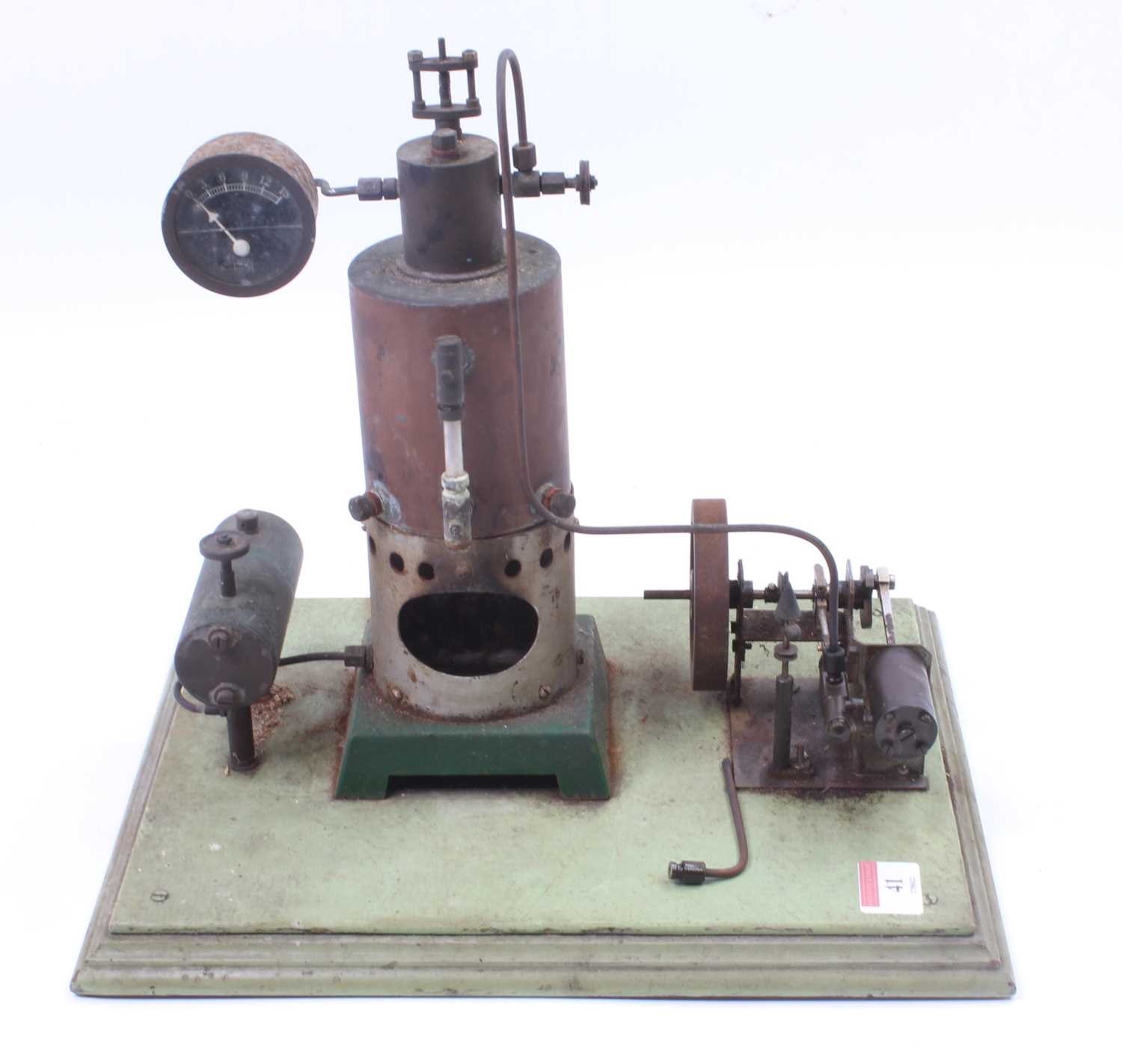 Scratchbuilt spirit fired stationary steam plant, comprising of vertical boiler with burner and