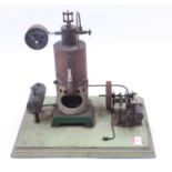 Scratchbuilt spirit fired stationary steam plant, comprising of vertical boiler with burner and