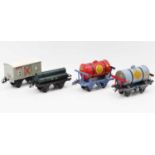 Four Hornby repainted wagons: GW gunpowder van, light grey body with correct markings (E) as